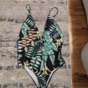Palm tree plunging neckline one piece